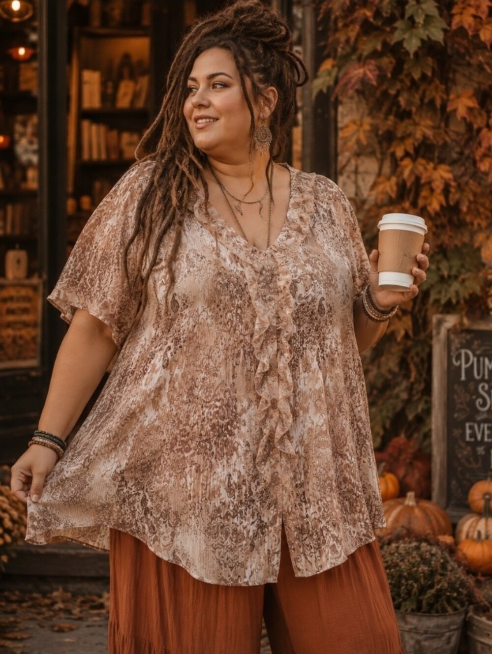 4/$15 Cato Woman 26/28W Boho Paisley Ruffle Tunic Top